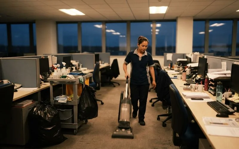 A commercial cleaning crew servicing an office break room after business hours with cleaning carts staged nearby