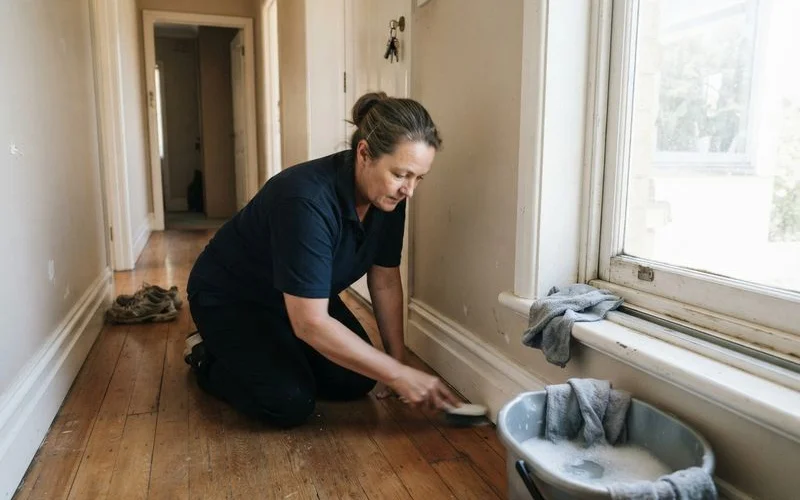 A cleaning professional scrubbing baseboards and window tracks during a deep cleaning appointment