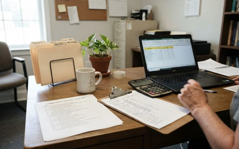 A researcher at a desk cross-referencing a spreadsheet of cleaning business listings against review summaries and a printed scoring rubric