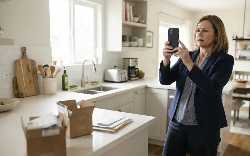 A real estate photographer capturing a bright, freshly cleaned living room ahead of a home listing
