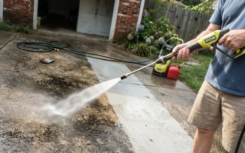 A pressure washing technician cleaning a concrete driveway with visible before-and-after contrast in cleanliness