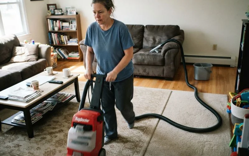 A rented carpet cleaning machine being used on a living room carpet next to a bottle of cleaning solution