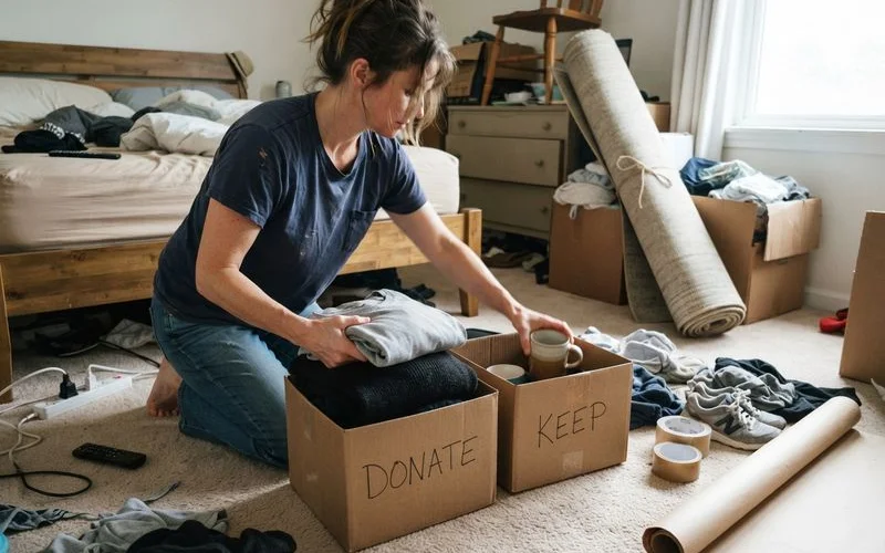 Adult children sorting boxes of belongings together in a parent's living room during a downsizing project